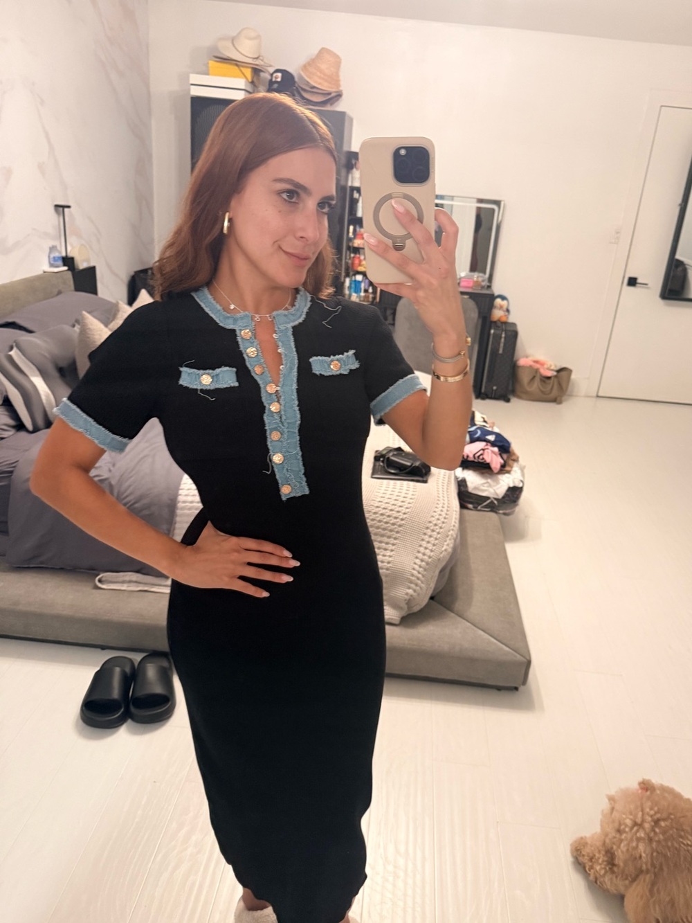 Black Knit Midi Dress with Denim-Trim Accents